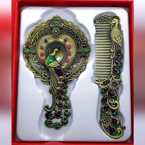 Vintage Peacock Mirror Comb Gift Box Set Antique Gold Rhinestone Regency Vanity main image 7